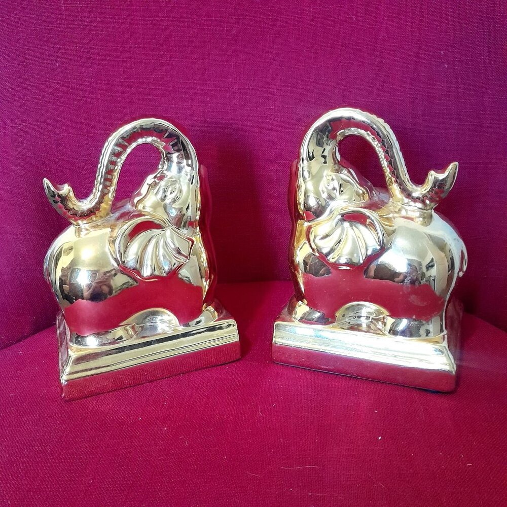 Gold Elephant Bookends Pair Ceramic 7" Tall
